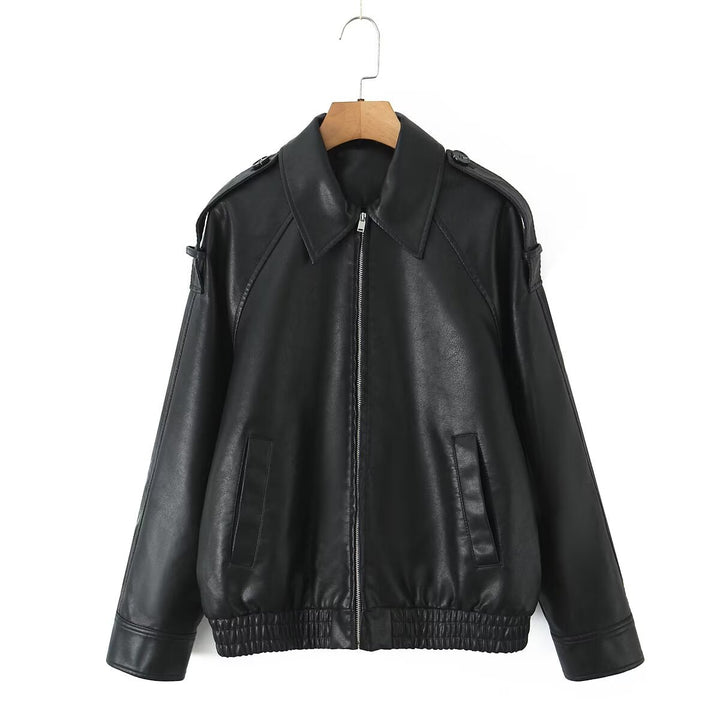 Damen Oversized Lederimitat-Flightjacke mit Bonded-Kragen, Schulterklappen und elastischem Saum Drune