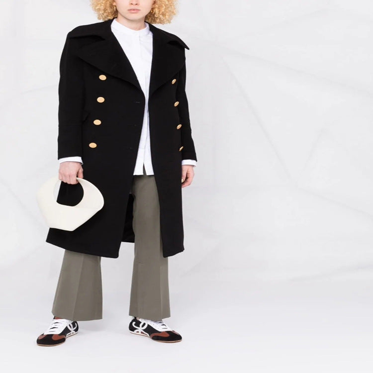Damen Doppelreihiger Longcoat im Marinemantel‑Stil mit markanten Metallknöpfen Drune