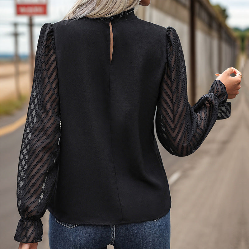 Damen Elegante Bluse mit transparenten Ärmeln und Knopfdetails Drune