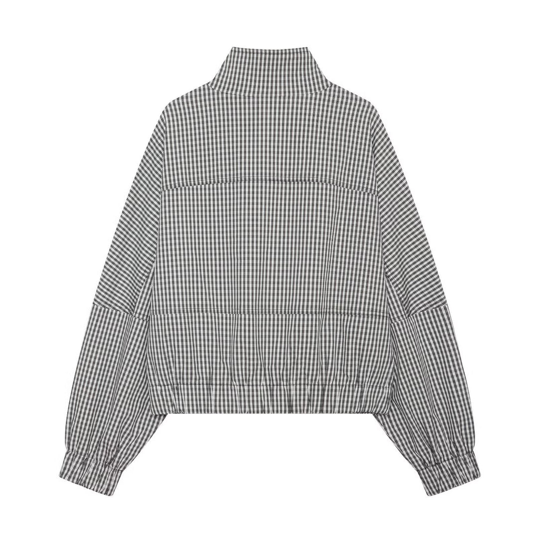 Damen Kariertes Cropped-Blouson mit Stehkragen, Reißverschluss und elastischem Saum Drune