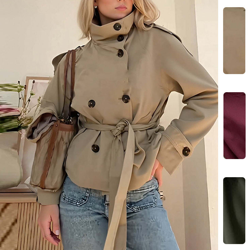 Damen Modische Langjacke mit hohem Kragen und taillierbarem Gürtel Drune