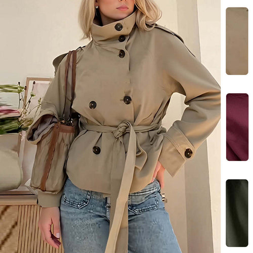 Damen Modische Langjacke mit hohem Kragen und taillierbarem Gürtel Drune