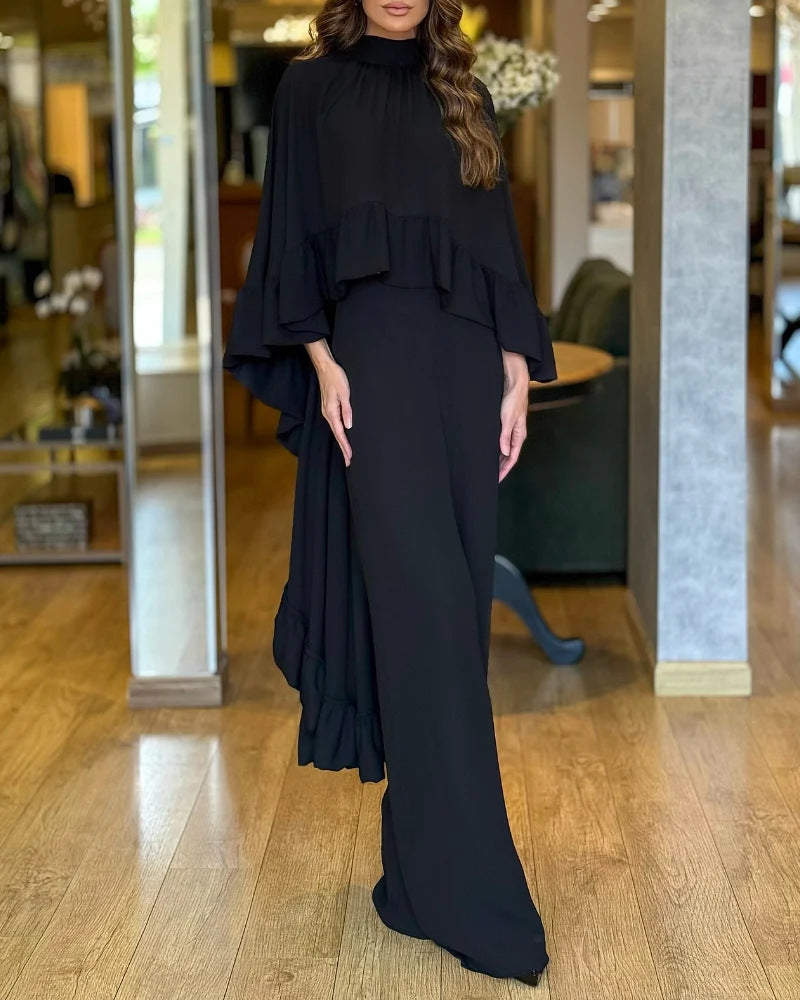 Damen Eleganter Overall mit Cape-Volant und weitem Palazzohosenbein Drune
