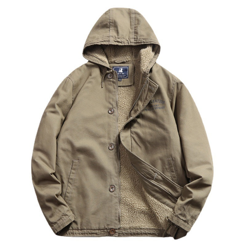 Herren Baumwoll-Canvas Kapuzenblouson mit durchgehendem Teddyfutter, verdeckter Knopf- und Reißverschlussleiste und Innentasche Drune