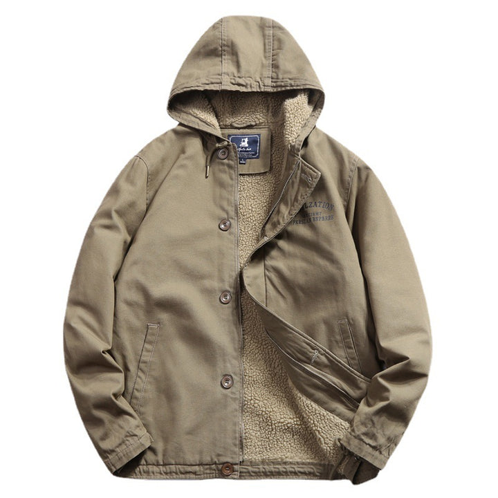 Herren Baumwoll-Canvas Kapuzenblouson mit durchgehendem Teddyfutter, verdeckter Knopf- und Reißverschlussleiste und Innentasche Drune