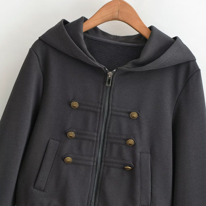 Damen Cropped Kapuzenblouson mit dekorischer Doppelreihe und verdecktem Reißverschluss Drune