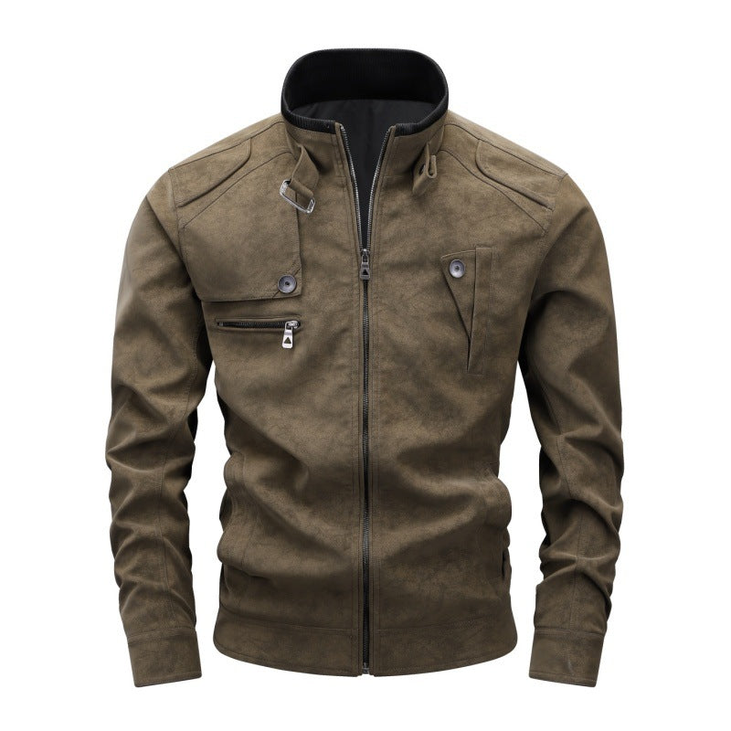 Herren Vintage-Utility Lederimitatjacke mit Stehkragen und mehreren Taschen Drune