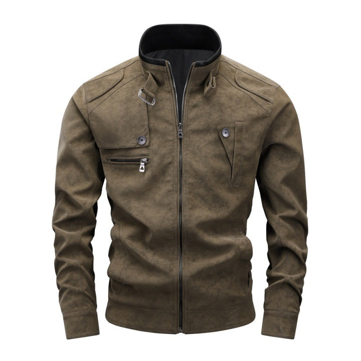 Herren Vintage-Utility Lederimitatjacke mit Stehkragen und mehreren Taschen Drune