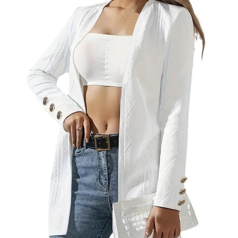 Damen Modischer Longblazer mit strukturiertem Design und eleganten Knopfdetails Drune