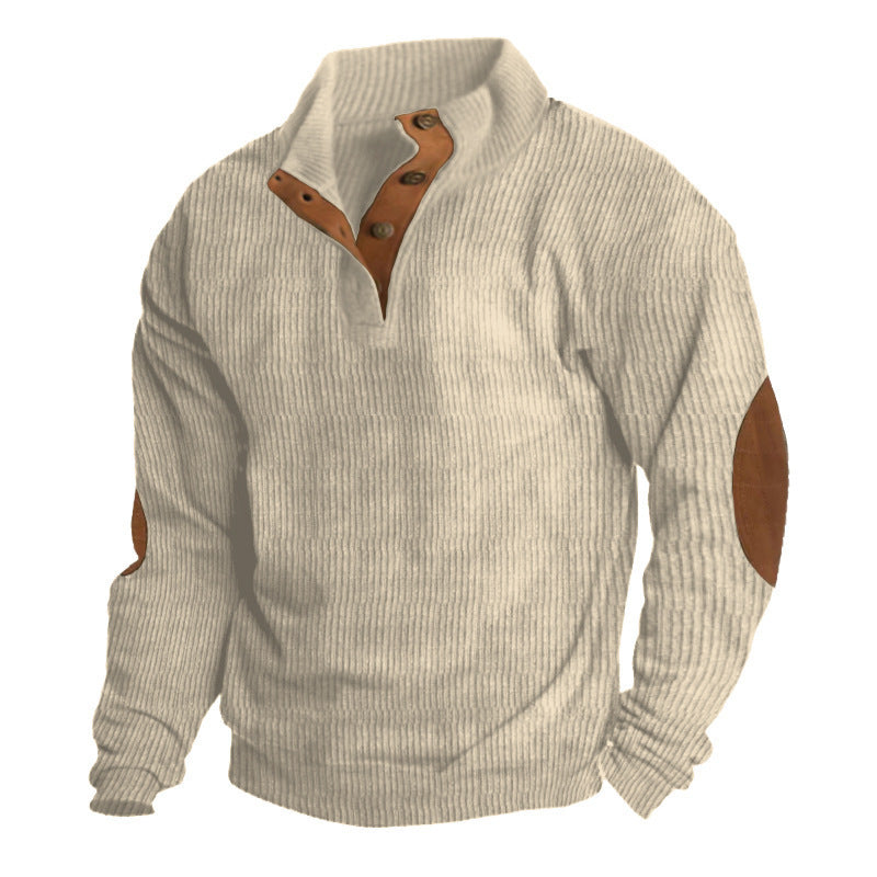 Herren nan grober Rippstrick-Pullover mit Stehkragen, Knopfleiste und markanten Ellenbogenpatches Drune