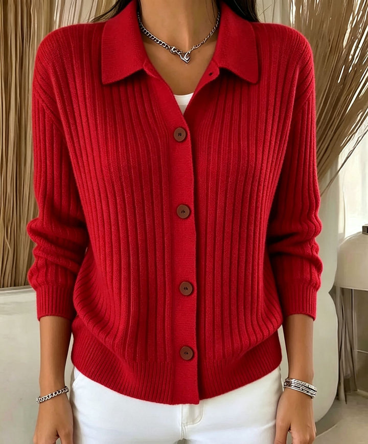 Damen Feiner gerippter Knopf‑Cardigan mit Hemdkragen und kastiger Silhouette Drune