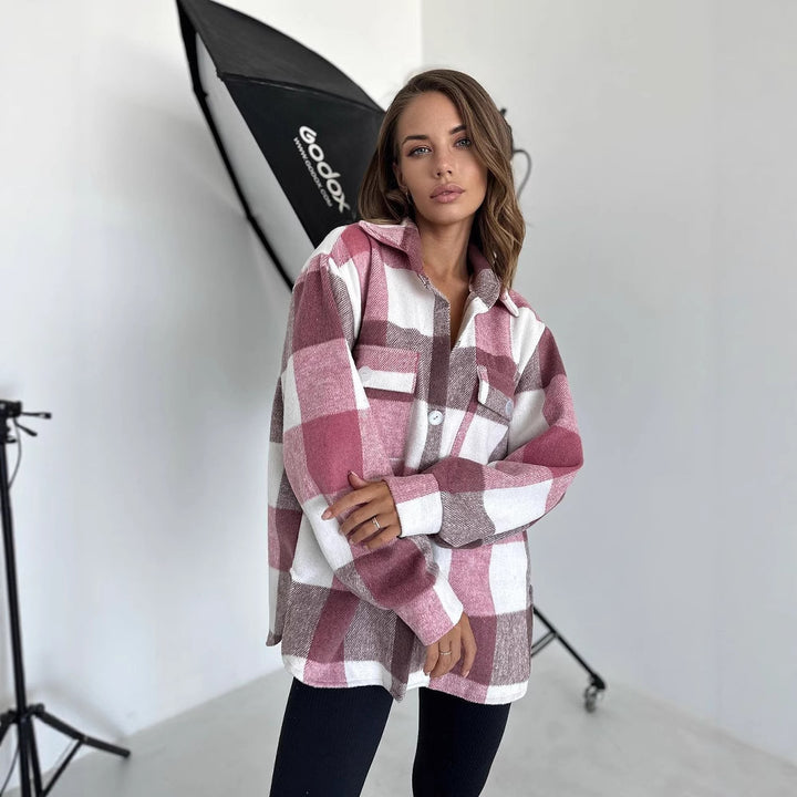 Damen Karierter Overshirt im Shacket-Stil mit Saumtaschen und Knopfverschluss Drune