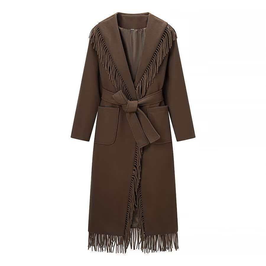 Damen Langer Fransen-Wollmix-Mantel mit Kapuze, Bindegürtel und aufgesetzten Taschen Drune