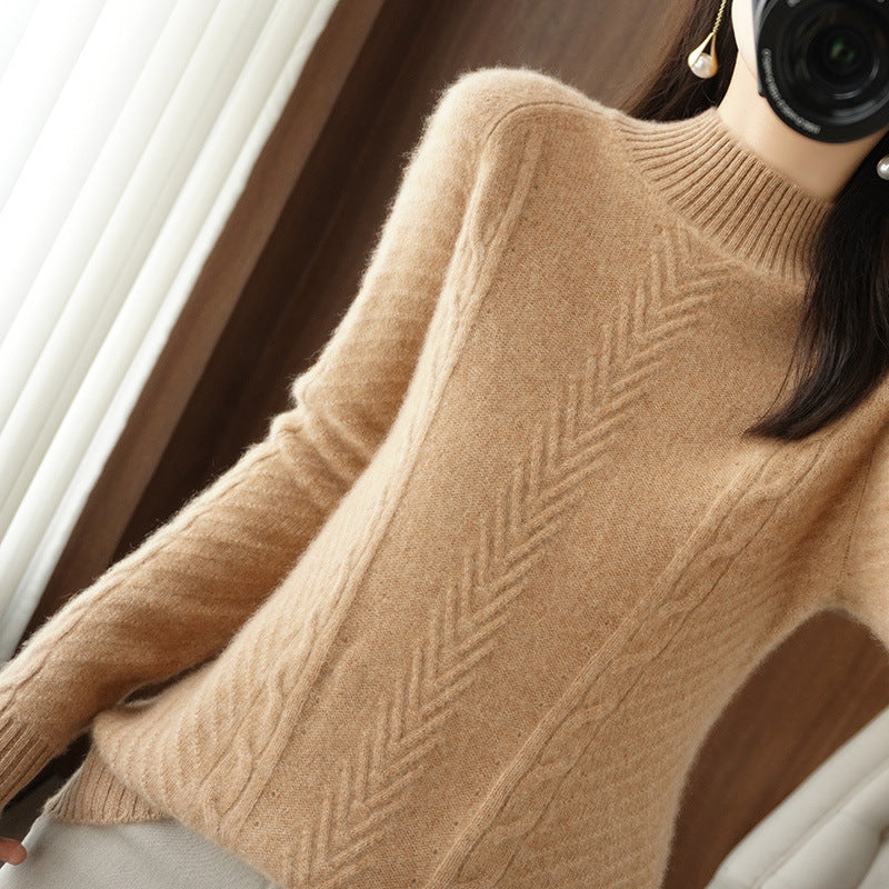 Damen Leichter Mohair‑Look Stehkragenpullover mit Zopf‑Ajour und taillierter Silhouette Drune