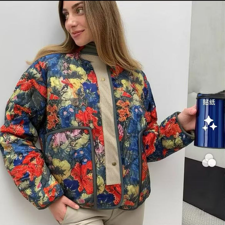 Damen Gesteppte Übergangsjacke mit floralem Allover-Muster und Stehkragen Drune
