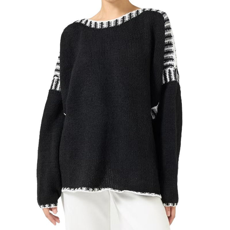 Damen Oversize Grobstrickpullover mit Kontraststreifen an Schultern und Saum Drune