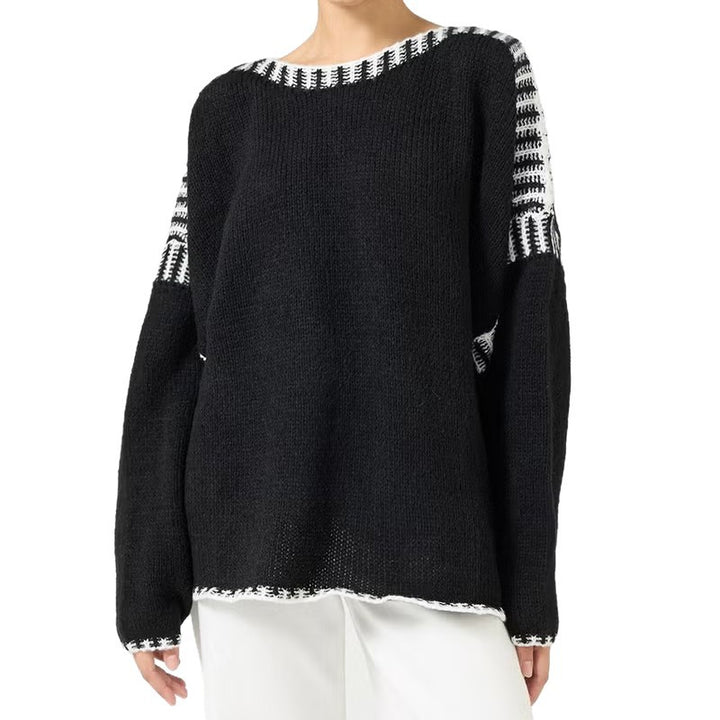Damen Oversize Grobstrickpullover mit Kontraststreifen an Schultern und Saum Drune