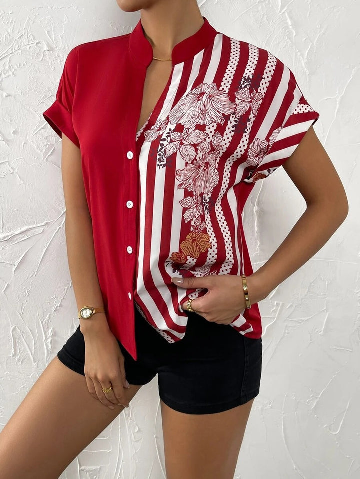 Damen Kurzarmbluse mit Stehkragen und asymmetrischem Streifen‑Blumenprint Drune