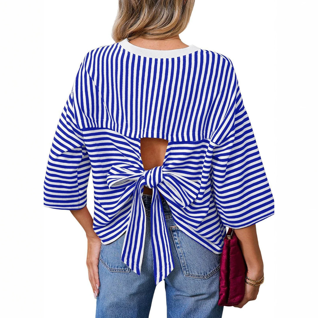 Damen Gestreiftes Oversize-Shirt mit Rückenausschnitt und Schleifenbindung Drune