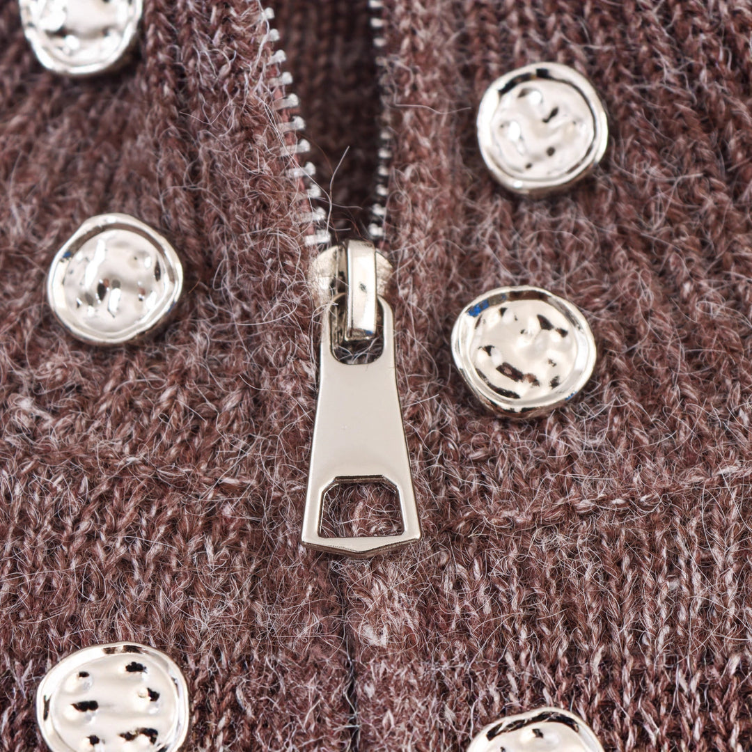 Damen modischer Strickpullover mit stilvollem Reißverschluss und dekorativen Knöpfen Drune