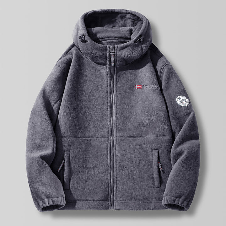 Unisex nan Kapuzen-Fleecejacke mit hochgeschlossenem Haubenkragen, durchgehendem Reißverschluss und seitlichen Einschubtaschen Drune