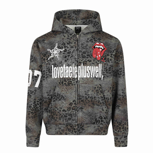 Damen Kapuzenjacke mit durchgehendem Reißverschluss, Leoparden-Print und großflächigen Grafik-Prints Drune