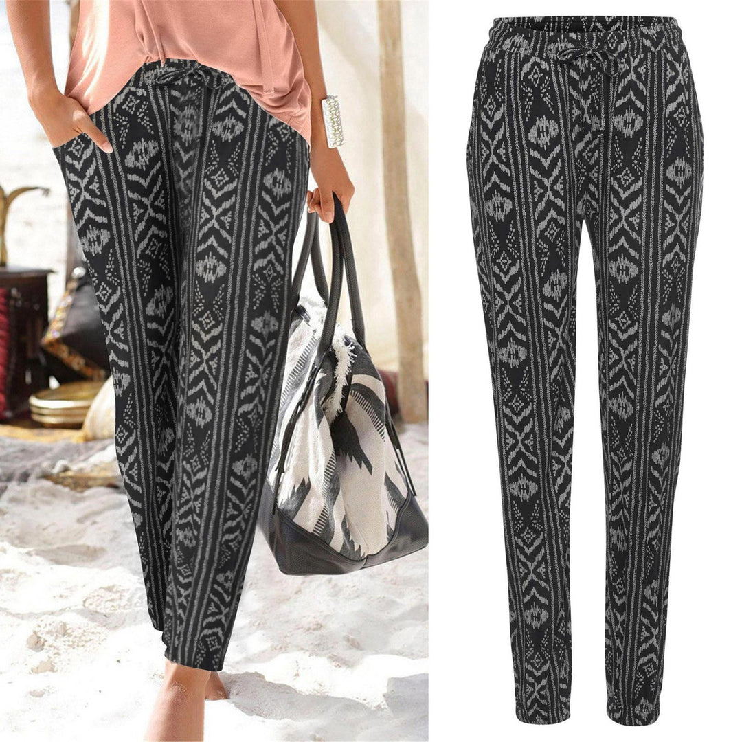 Damen Elegante Blumendruck-Hose mit Elastischem Bund und Seitentaschen Drune