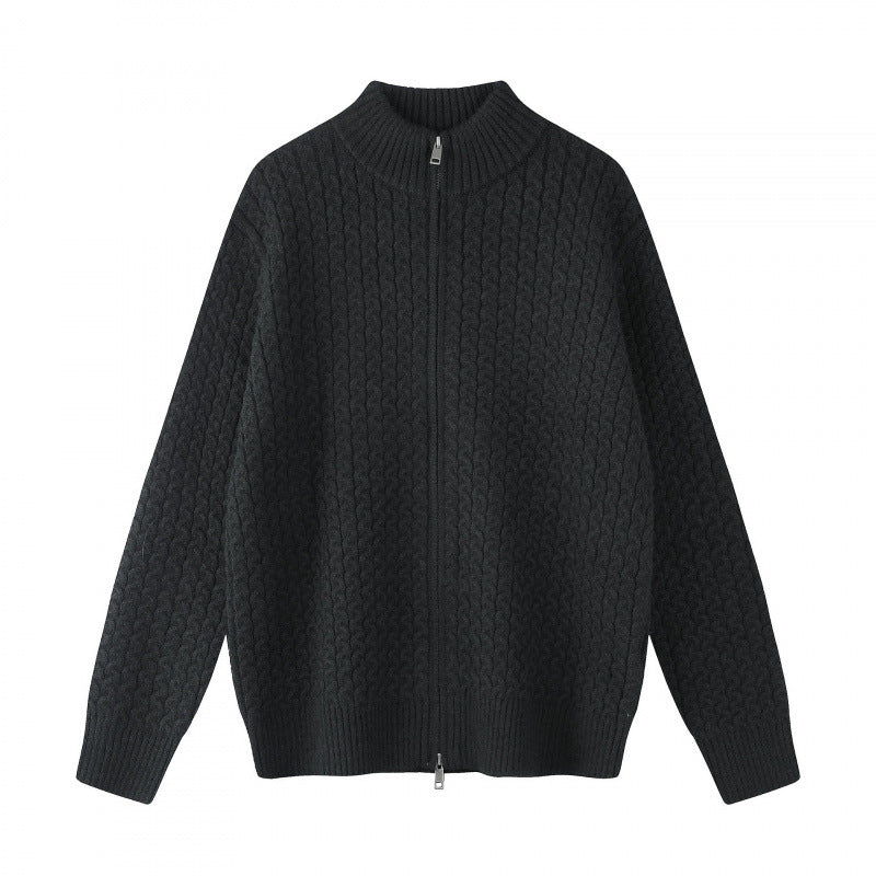 Unisex Boxy-Strickjacke mit Zopfmuster, Stehkragen und Zwei-Wege-Reißverschluss Drune