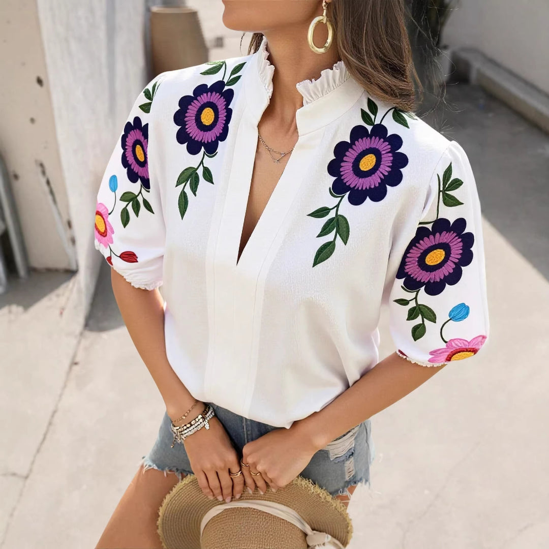Damen Romantische Chiffon-Bluse mit Rüschenkragen, Puffärmeln und bestickten Blumenärmeln Drune