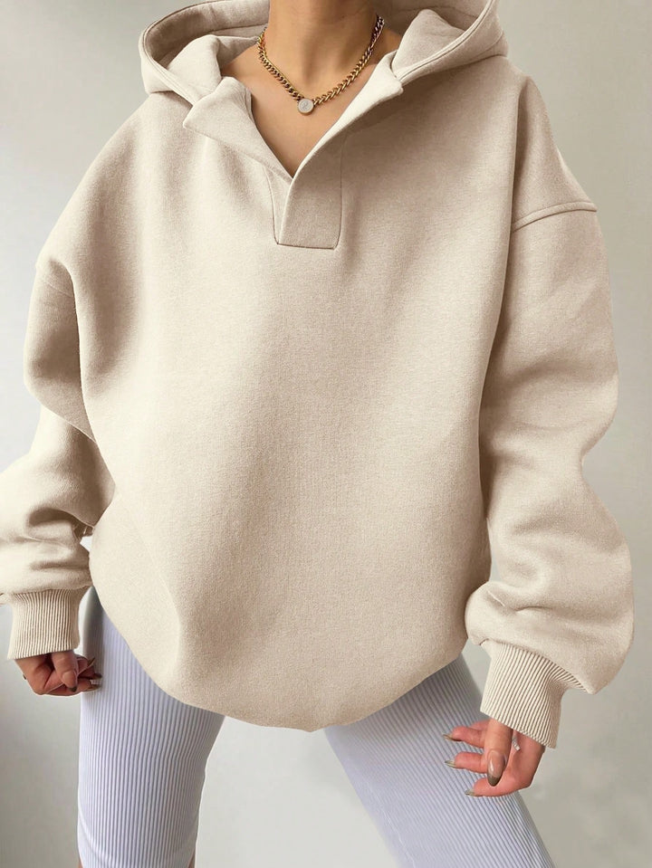 Damen Oversize-Kapuzenpullover aus schwerem Sweatstoff mit V‑Ausschnitt‑Detail und langen Rippbündchen Drune