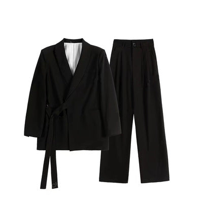 Damen Asymmetrisches Wickel-Blazer-Set mit Bindegürtel und weitem Bundfaltenhose Drune