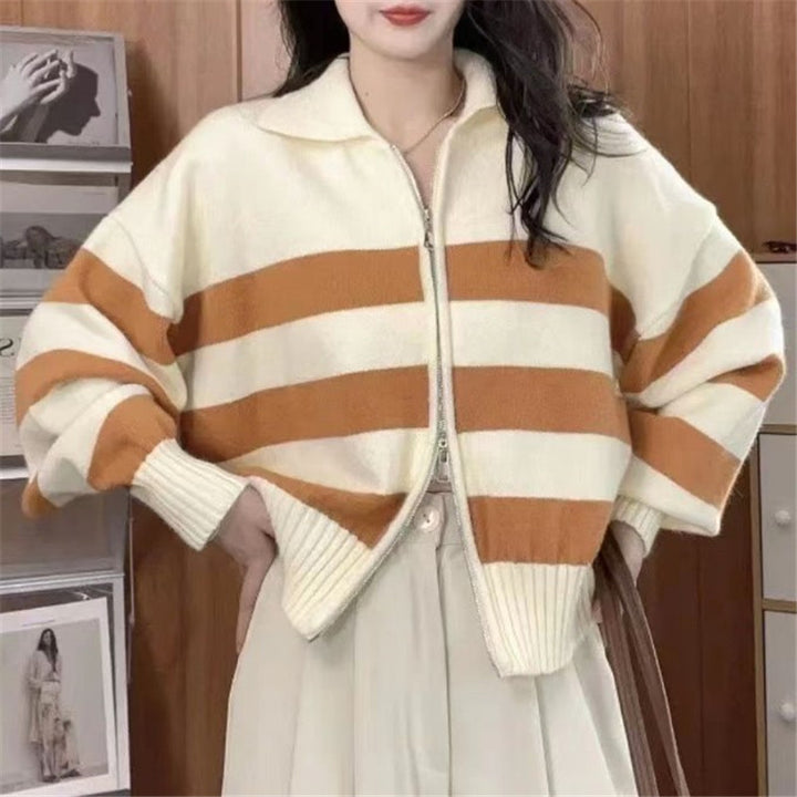 Damen lässige Cardiganjacke mit Reißverschluss und breiten Streifen Drune