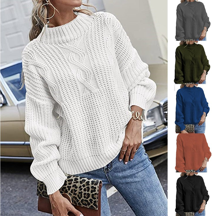 Damen Grobstrickpullover mit Zopfdesign und hohem Stehkragen Drune