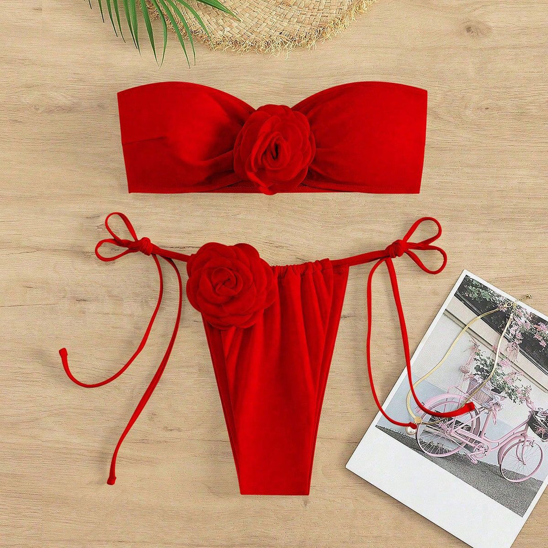 Damen Bandeau-Bikini mit dekorativen Blumenapplikationen Drune