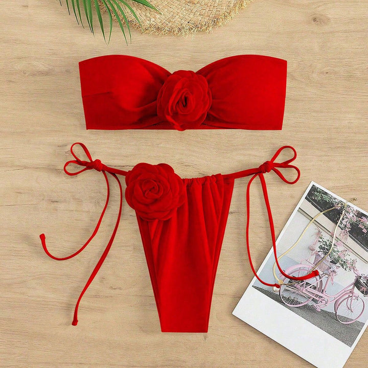 Damen Bandeau-Bikini mit dekorativen Blumenapplikationen Drune