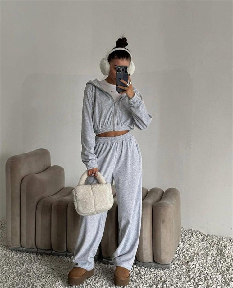 Damen sportliches Velours-Jogginganzug-Set mit lässigem Schnitt und praktischen Taschen Drune