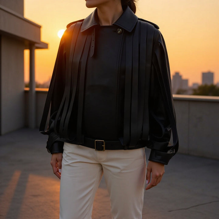Damen Lederimitat‑Fransenblouson mit Stehkragen und Taillengürtel Drune