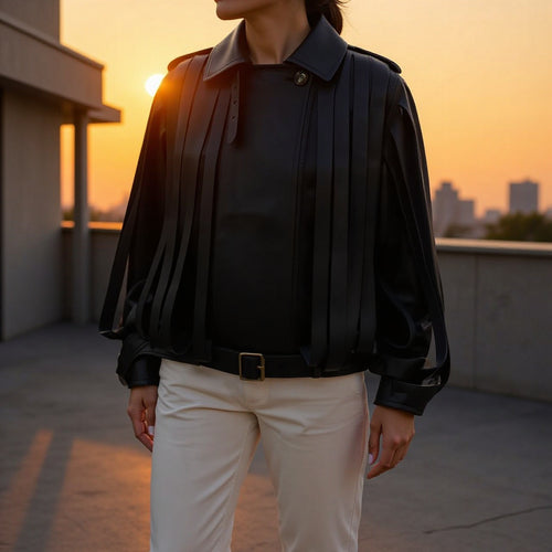 Damen Lederimitat‑Fransenblouson mit Stehkragen und Taillengürtel Drune