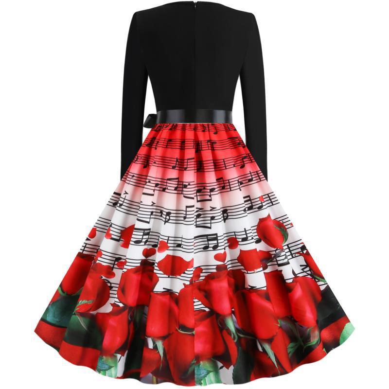 Damen tailliertes A-Linien Kleid mit Noten- und Rosenprint Langarm und Taillenschleife Drune