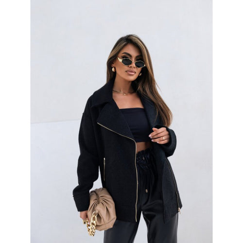 Damen elegante flauschige Bikerjacke mit goldenen Reißverschlussdetails Drune