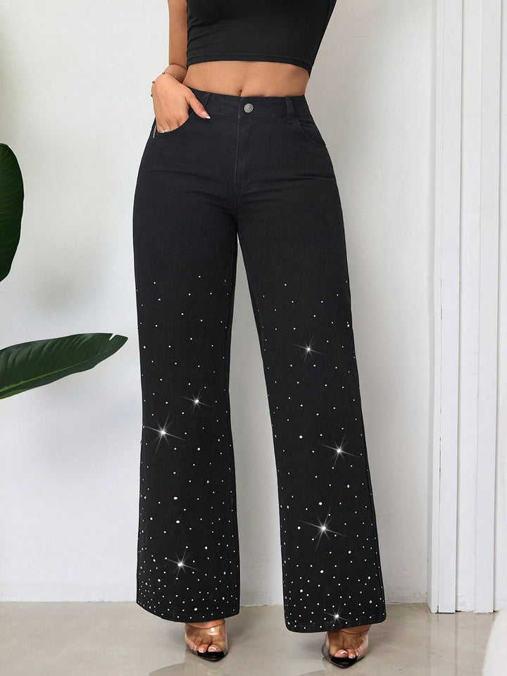 Damen High-Waist Jeans mit funkelndem Strassbesatz und weitem Schnitt Drune