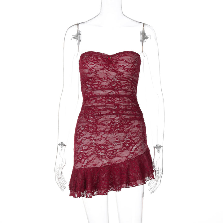 Damen Spitzenkleid mit schulterfreiem Design und eleganter Rüschendetail Drune