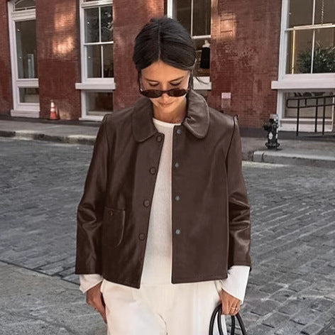 Damen Modische Kunstlederjacke mit praktischen Taschen und elegantem Kragen Drune