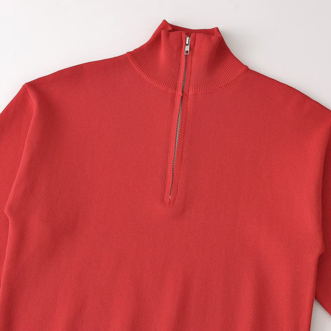 Damen Relaxter Halbzip-Feinstrickpullover mit Stehkragen und überschnittener Schulter Drune