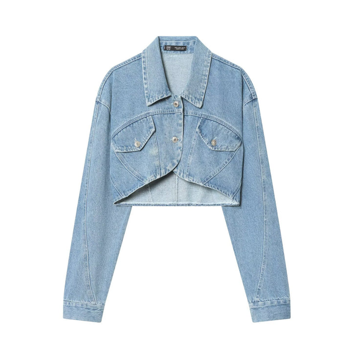 Damen Cropped Jeansjacke mit asymmetrischem Saum und aufgesetzten Pattentaschen Drune