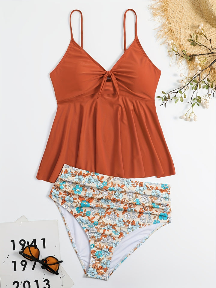 Damen Tankini-Set mit modischem Floral-Design und verstellbaren Trägern Drune