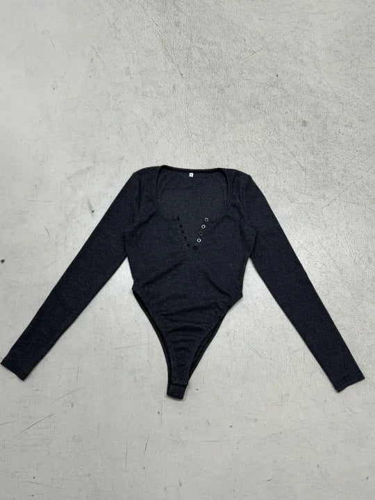 Damen Langarmbody mit tiefem V-Ausschnitt und Knopfdetails Drune