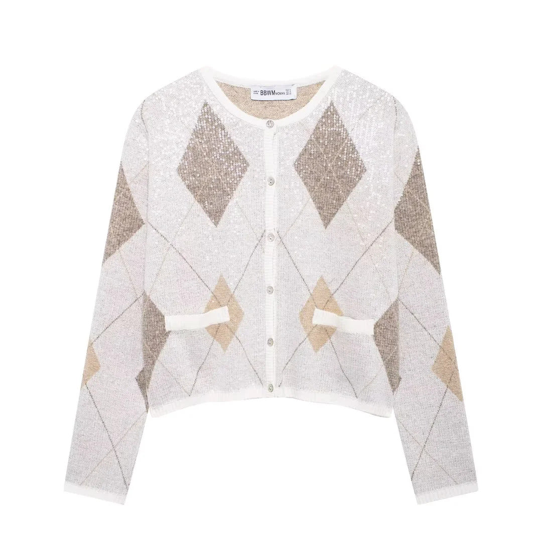 Damen nan kurz geschnittene Strickjacke mit Rauten‑Pailletten und aufgesetzten Taschen Drune