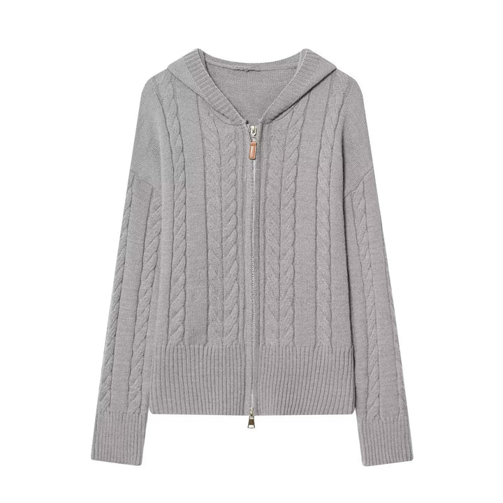 Damen Kapuzenstrickjacke mit Zopfstrickmuster und Metallreißverschluss Drune