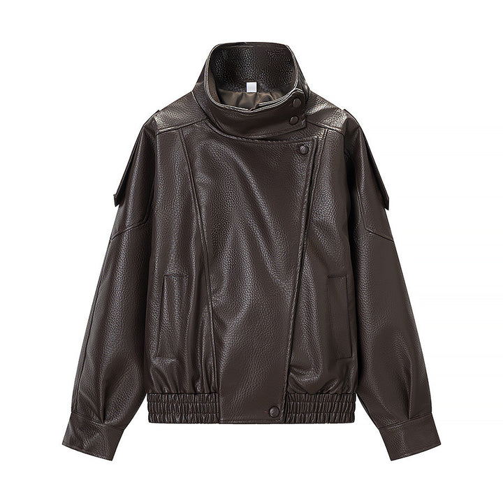 Damen nan oversized Kunstlederblouson mit hohem Stehkragen, asymmetrischer Druckknopfleiste und elastischem Saum Drune